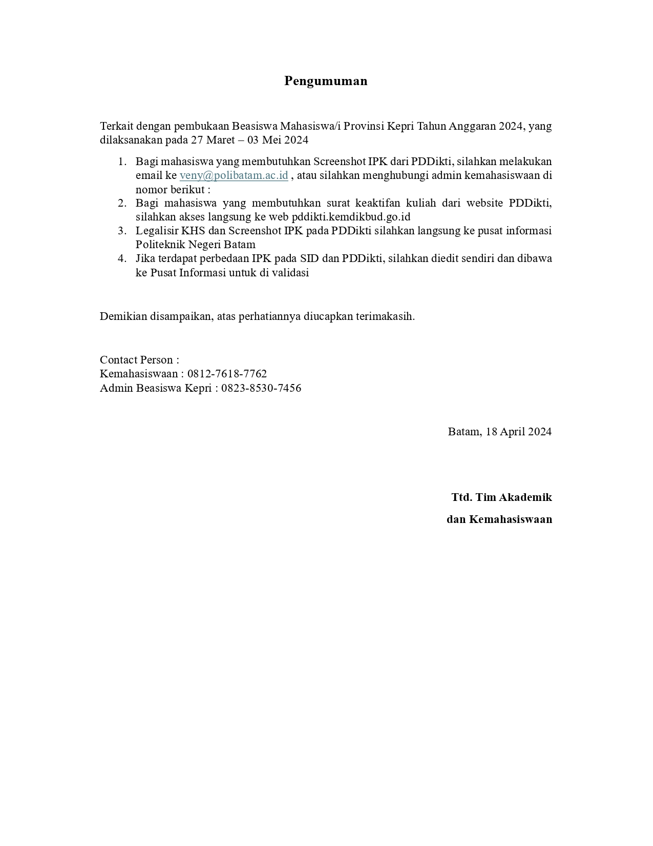 Attachment Pengumuman Akademik dan Kemahasiswaan Polibatam Tentang Beasiswa Mahasiswa Kepri 2024 (1)_page-0001.jpg